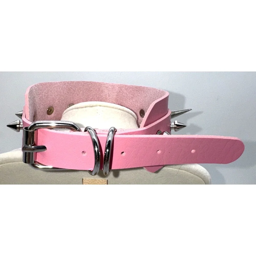 Pink Choker Necklace Gothic Punk Faux Leather‎ Metal Spikes O-Ring Collar Unisex